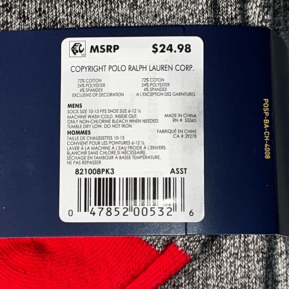 $29 Men’s 6 PACK POLO RALPH LAUREN TECHNICAL SPORT CUSHIONED SOLE CREW SOCKS - Picture 5 of 8